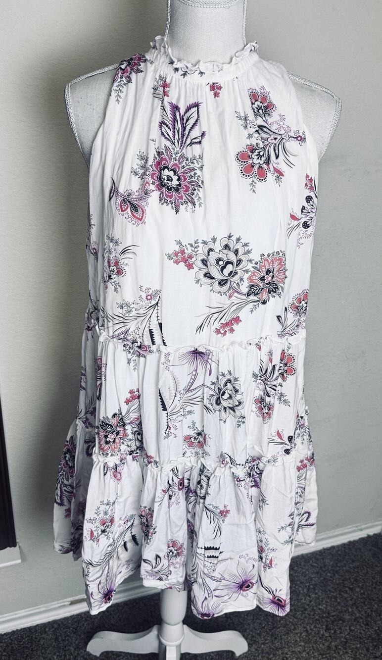 Ann Taylor White Floral Paisley Shift Dress Sz S Halter Mini tiered‎ Ruffle